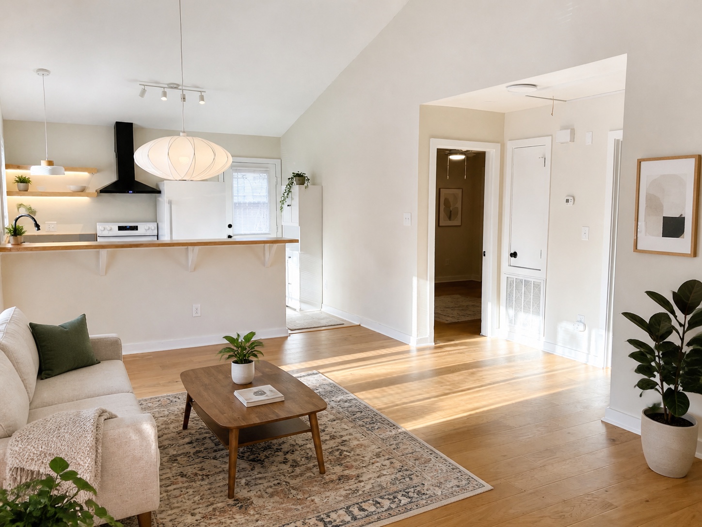 Sunlit open living area with vaulted ceiling and hardwood floors, open to the kitchen (similar unit shown)