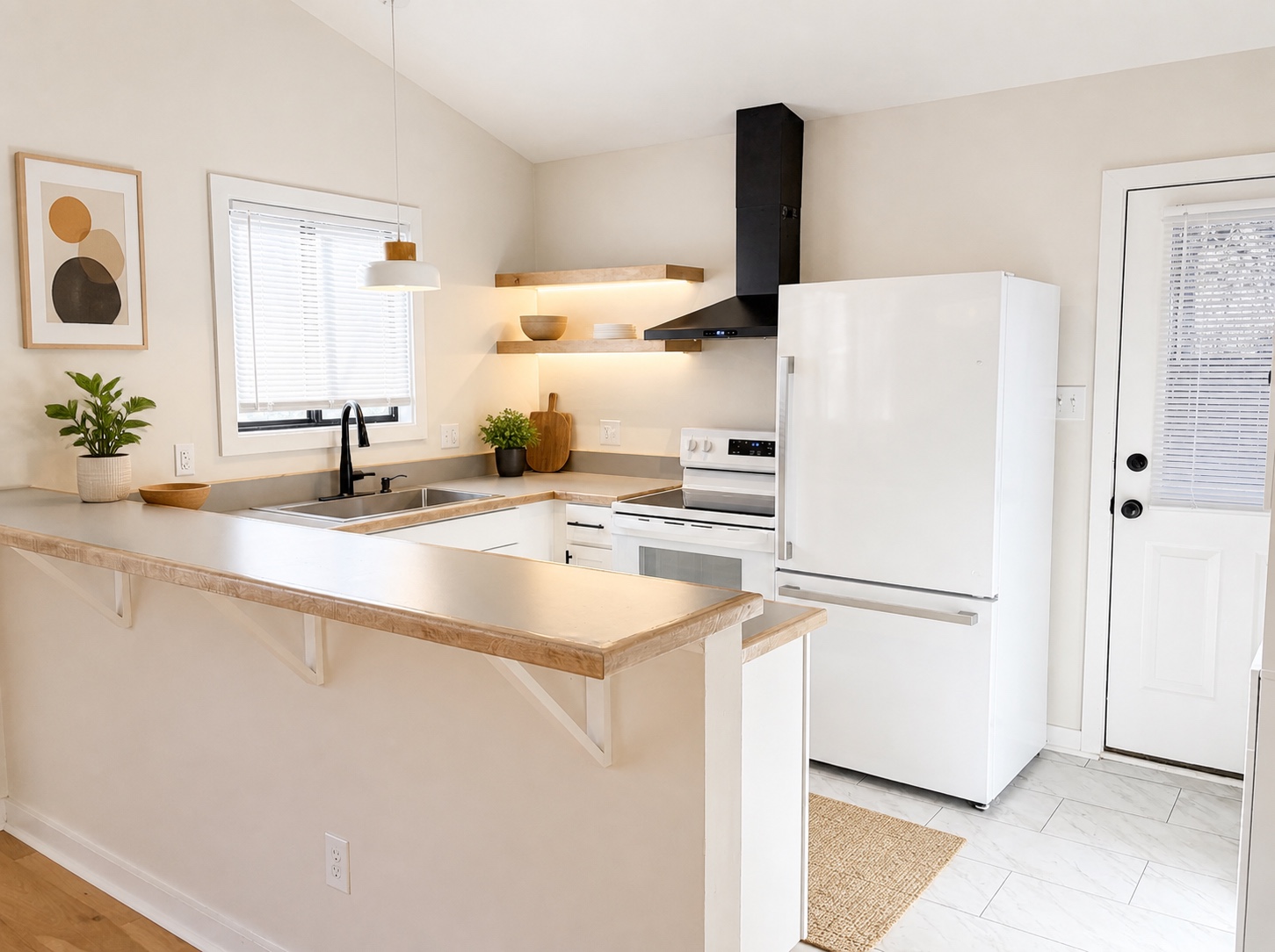Renovated kitchen with white cabinets, new appliances, range hood, and tile floor (similar unit shown)